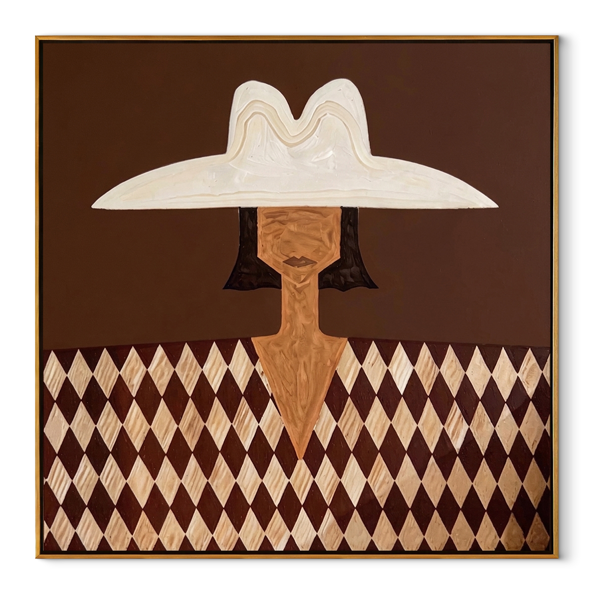 Diamond Shirt Holds Still - harlequin hat figure by Marcus Lau, Retro Modern square wall art – wood frame on white background