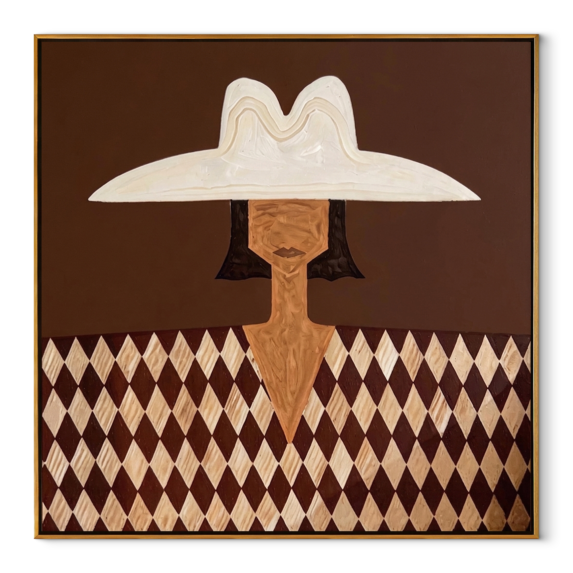 Diamond Shirt Holds Still - harlequin hat figure by Marcus Lau, Retro Modern square wall art – wood frame on white background