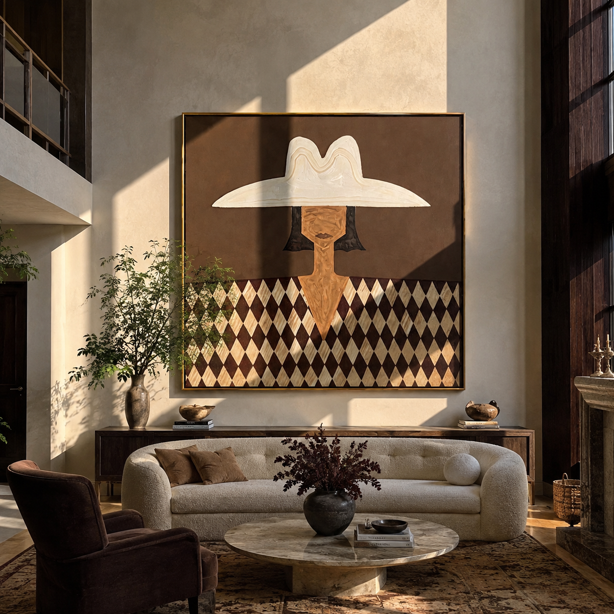 Diamond Shirt Holds Still - harlequin hat figure by Marcus Lau, Retro Modern square wall art – styled room scene view 2