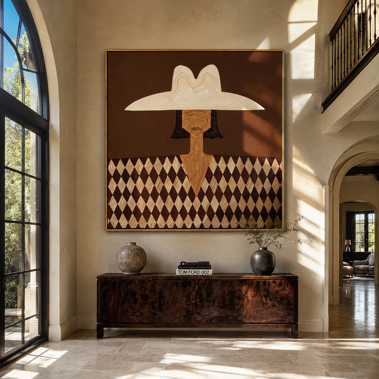 Diamond Shirt Holds Still - harlequin hat figure by Marcus Lau, Retro Modern square wall art – styled room scene view 3