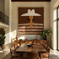 Diamond Shirt Holds Still - harlequin hat figure by Marcus Lau, Retro Modern square wall art – styled room scene view 4