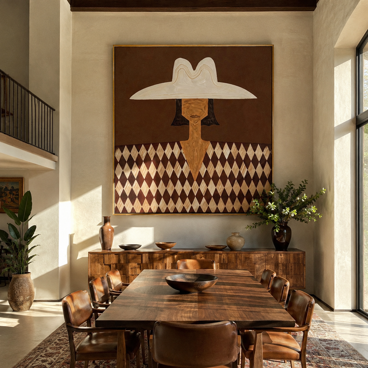 Diamond Shirt Holds Still - harlequin hat figure by Marcus Lau, Retro Modern square wall art – styled room scene view 4