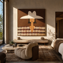 Diamond Shirt Holds Still - harlequin hat figure by Marcus Lau, Retro Modern square wall art – styled room scene view 5