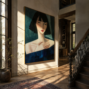Blue Gaze Turns Sideways - blue dress woman portrait by Marcus Lau, Retro Modern vertical wall art – styled room scene view 1
