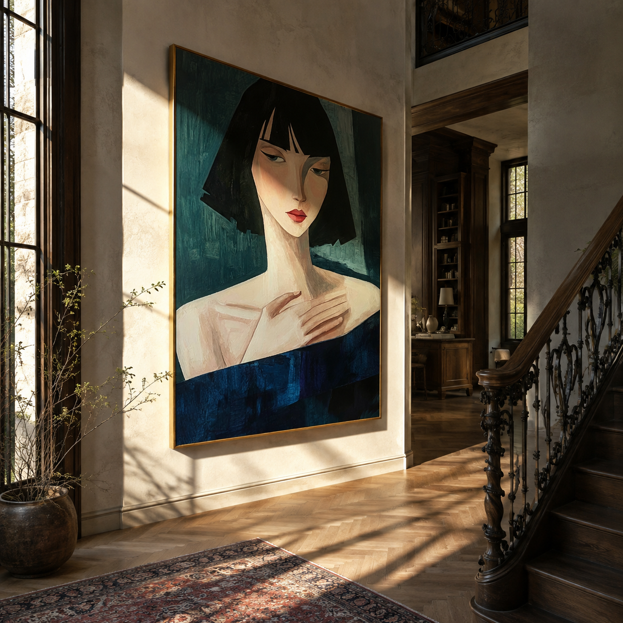 Blue Gaze Turns Sideways - blue dress woman portrait by Marcus Lau, Retro Modern vertical wall art – styled room scene view 1
