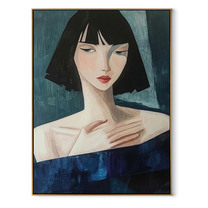 Blue Gaze Turns Sideways - blue dress woman portrait by Marcus Lau, Retro Modern vertical wall art – wood frame on white background