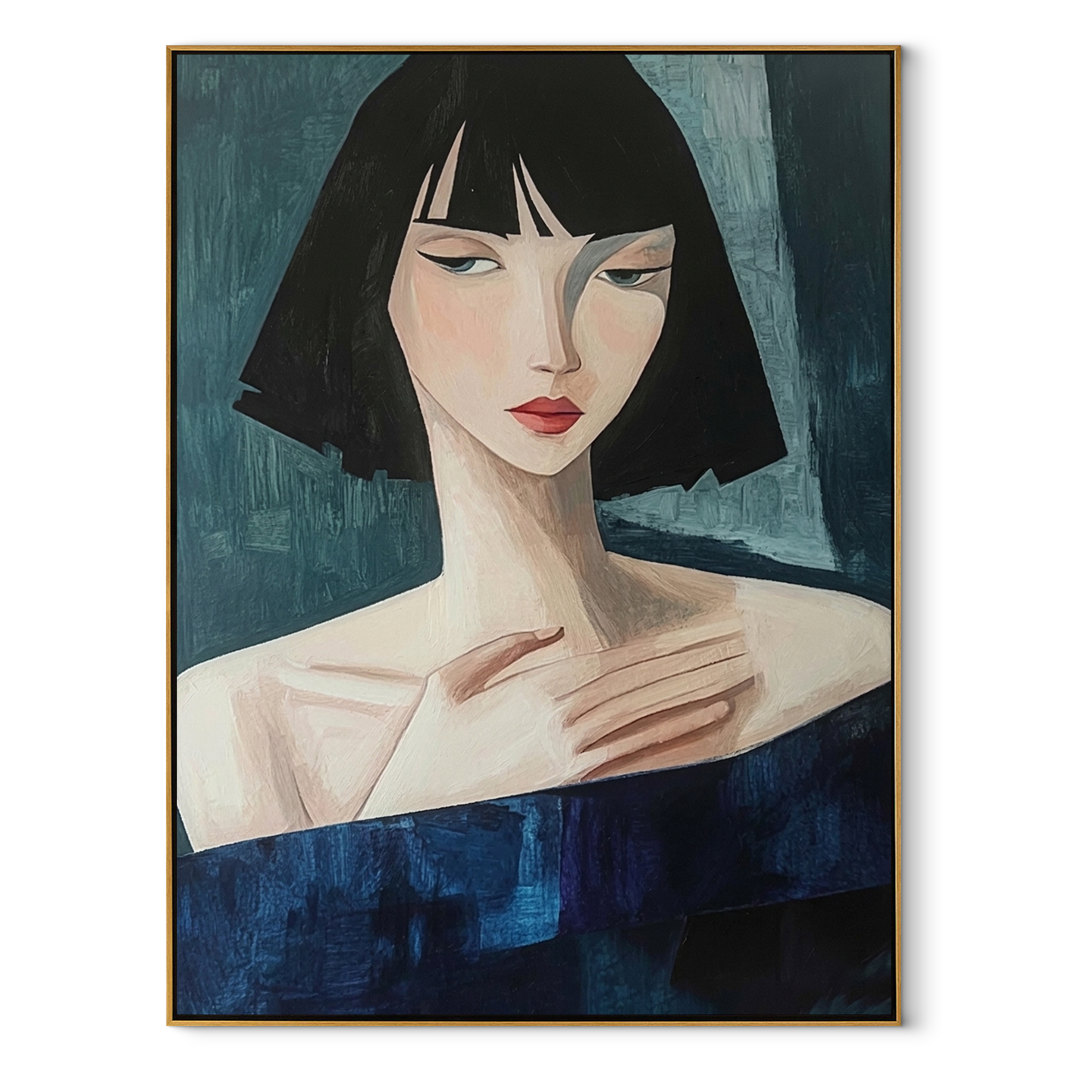 Blue Gaze Turns Sideways - blue dress woman portrait by Marcus Lau, Retro Modern vertical wall art – wood frame on white background