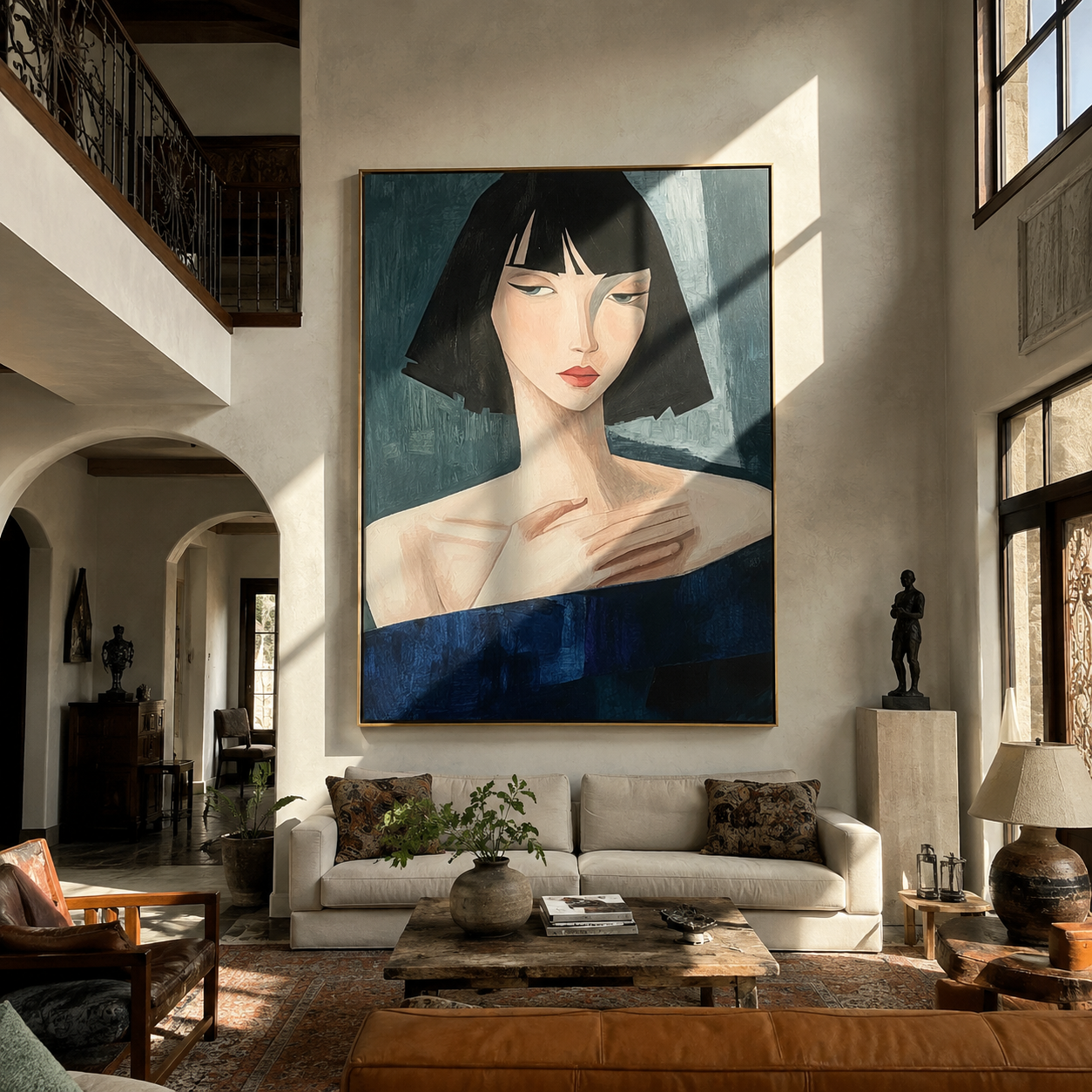 Blue Gaze Turns Sideways - blue dress woman portrait by Marcus Lau, Retro Modern vertical wall art – styled room scene view 2