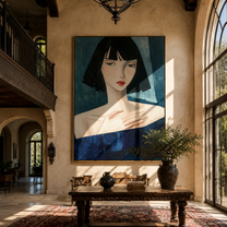 Blue Gaze Turns Sideways - blue dress woman portrait by Marcus Lau, Retro Modern vertical wall art – styled room scene view 3