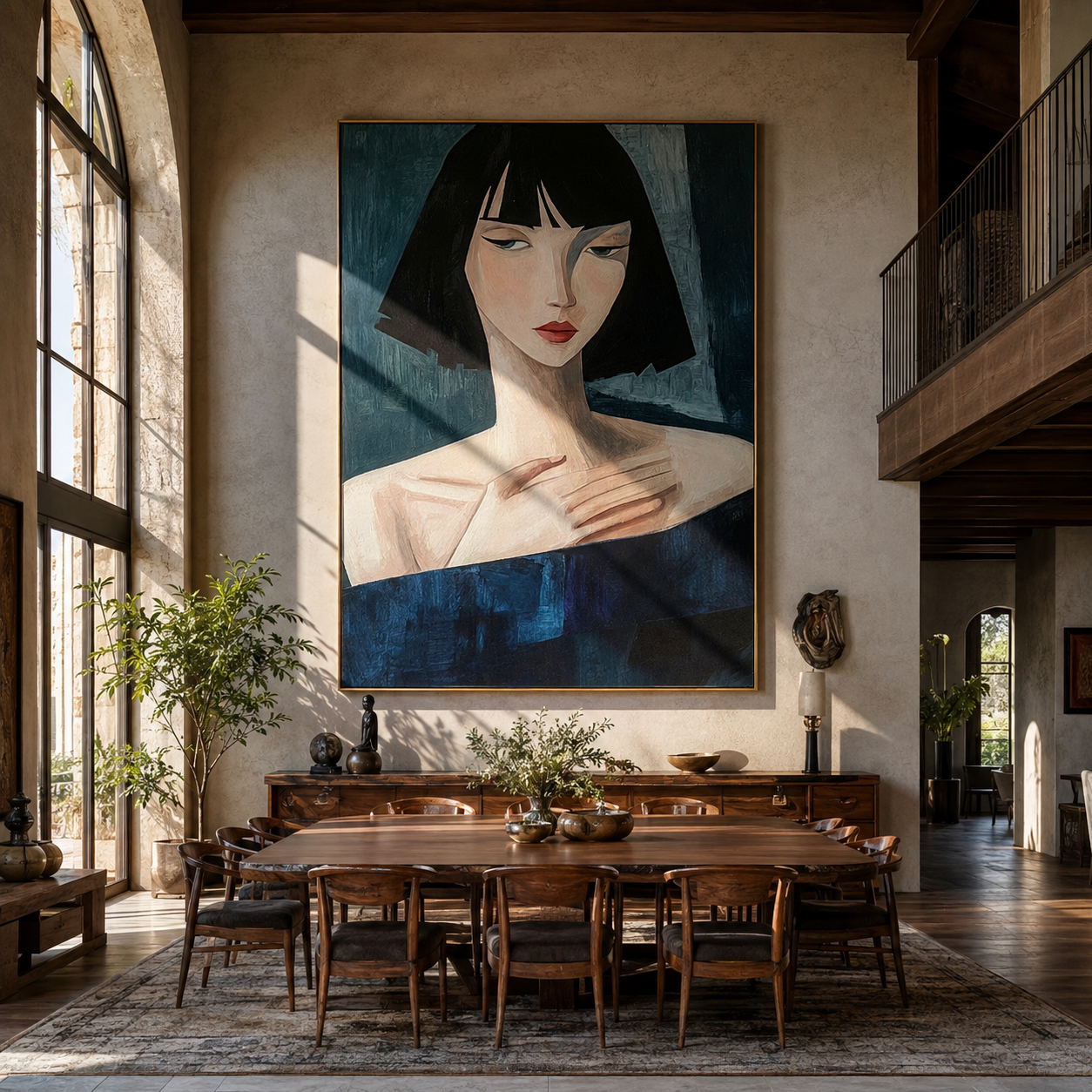 Blue Gaze Turns Sideways - blue dress woman portrait by Marcus Lau, Retro Modern vertical wall art – styled room scene view 4
