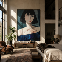 Blue Gaze Turns Sideways - blue dress woman portrait by Marcus Lau, Retro Modern vertical wall art – styled room scene view 5