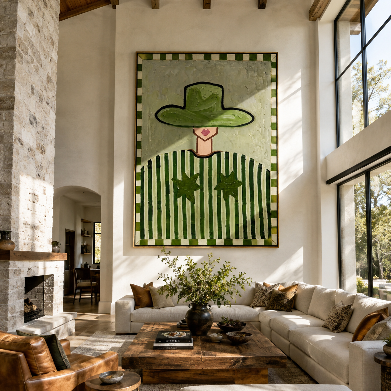Green Brim Guards Smile - green hat striped figure by Marcus Lau, Retro Modern vertical wall art – styled room scene view 1