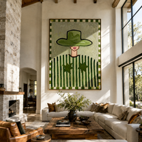 Green Brim Guards Smile - green hat striped figure by Marcus Lau, Retro Modern vertical wall art – styled room scene view 1