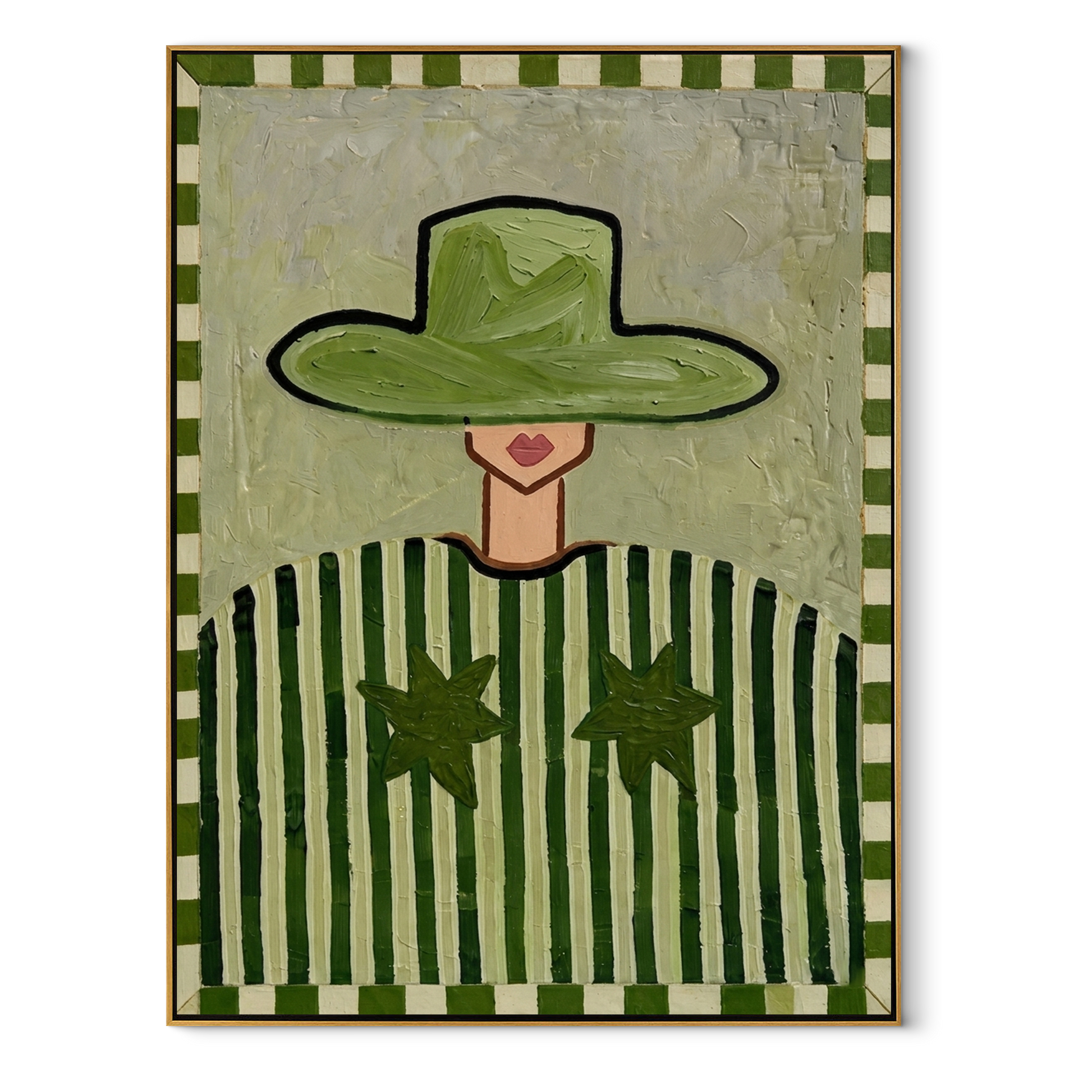 Green Brim Guards Smile - green hat striped figure by Marcus Lau, Retro Modern vertical wall art – wood frame on white background