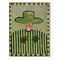 Green Brim Guards Smile - green hat striped figure by Marcus Lau, Retro Modern vertical wall art – wood frame on white background