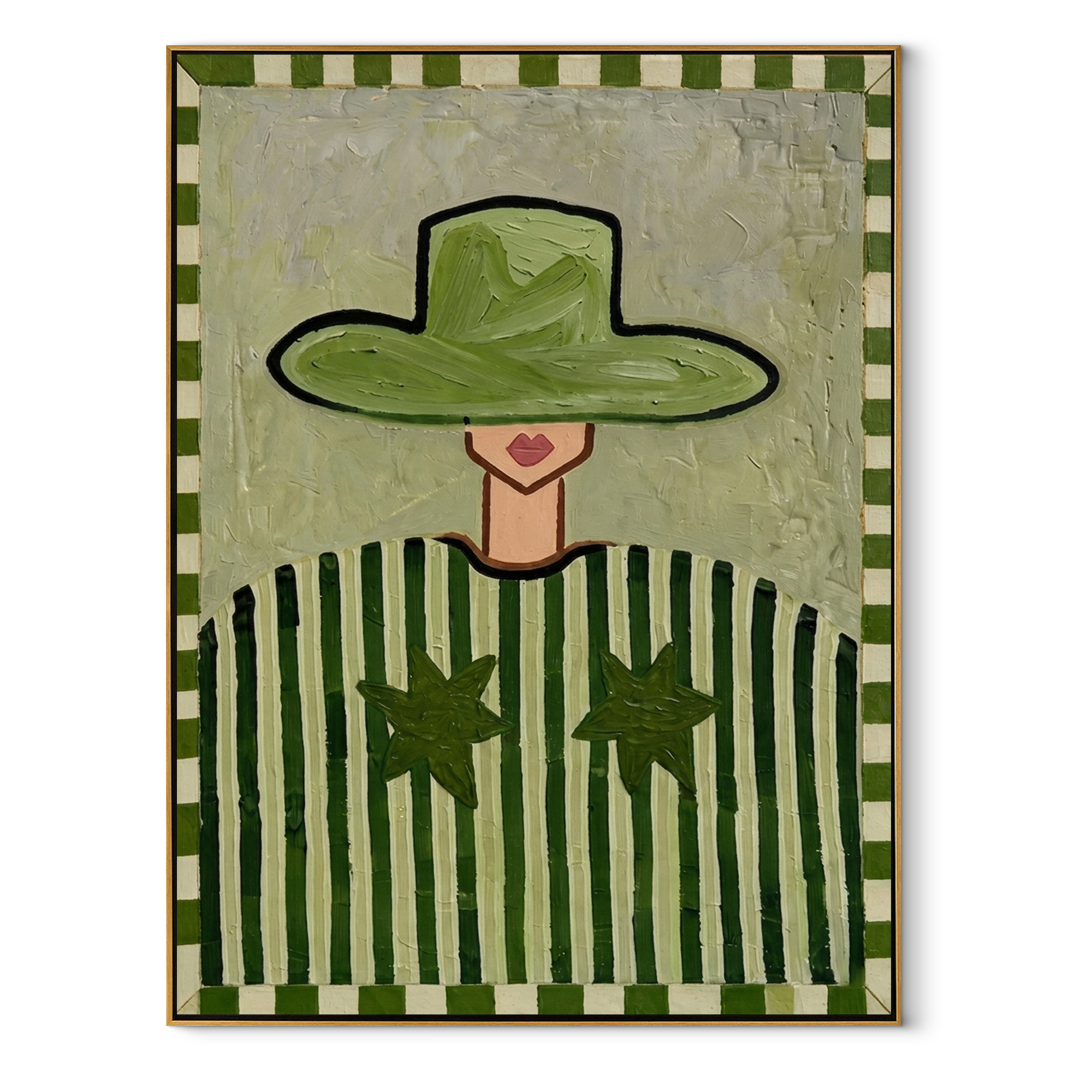 Green Brim Guards Smile - green hat striped figure by Marcus Lau, Retro Modern vertical wall art – wood frame on white background