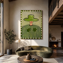 Green Brim Guards Smile - green hat striped figure by Marcus Lau, Retro Modern vertical wall art – styled room scene view 2