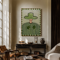 Green Brim Guards Smile - green hat striped figure by Marcus Lau, Retro Modern vertical wall art – styled room scene view 3