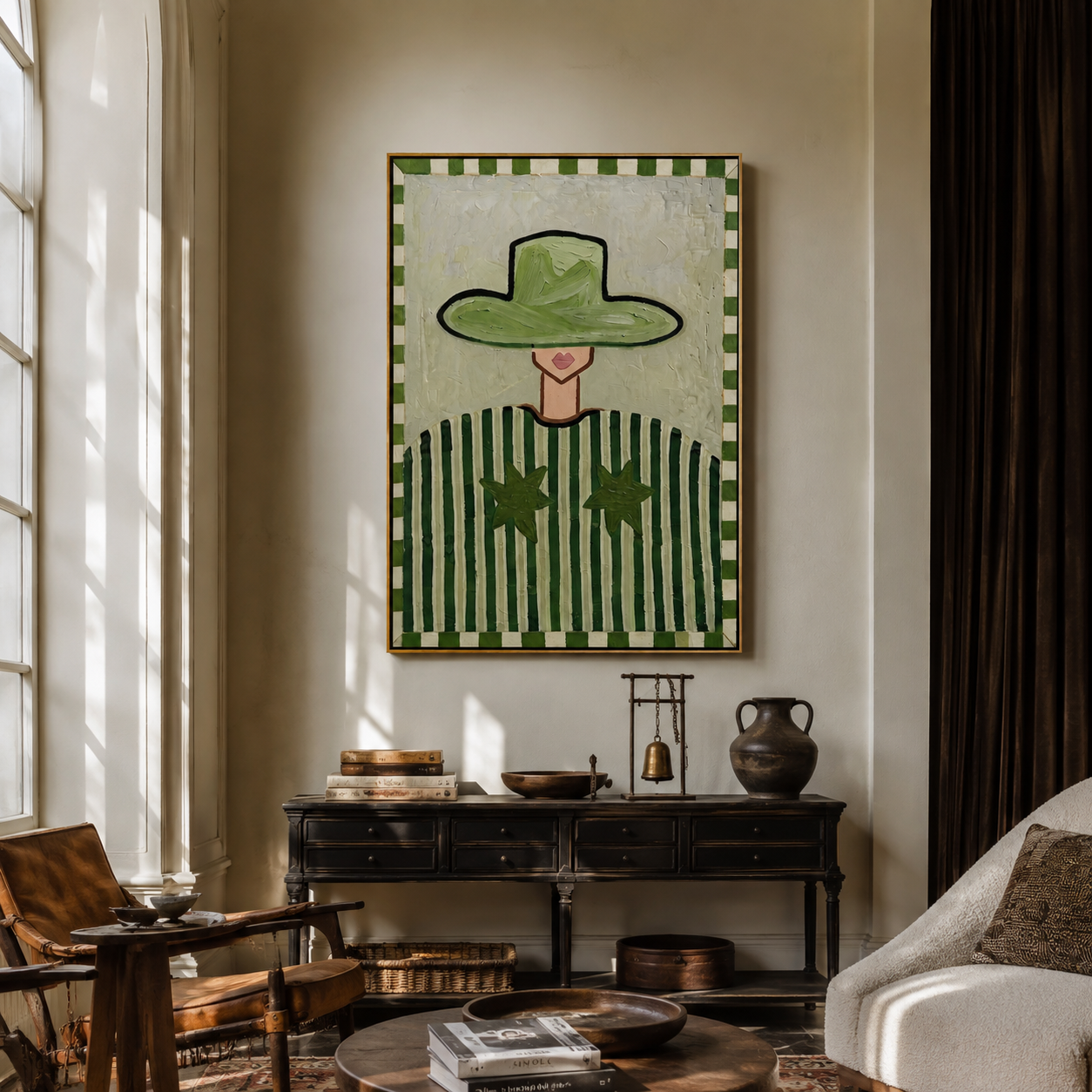 Green Brim Guards Smile - green hat striped figure by Marcus Lau, Retro Modern vertical wall art – styled room scene view 3