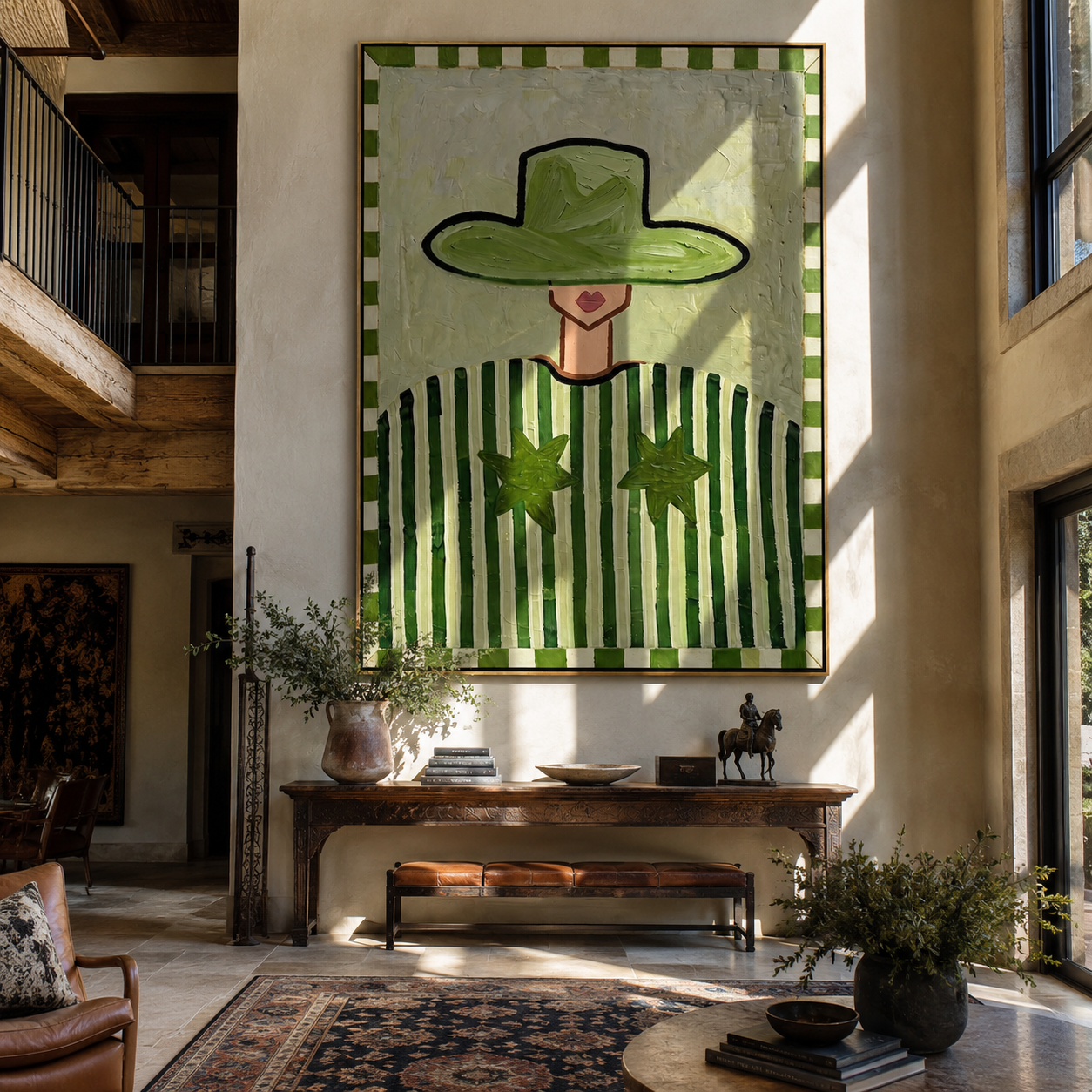 Green Brim Guards Smile - green hat striped figure by Marcus Lau, Retro Modern vertical wall art – styled room scene view 4