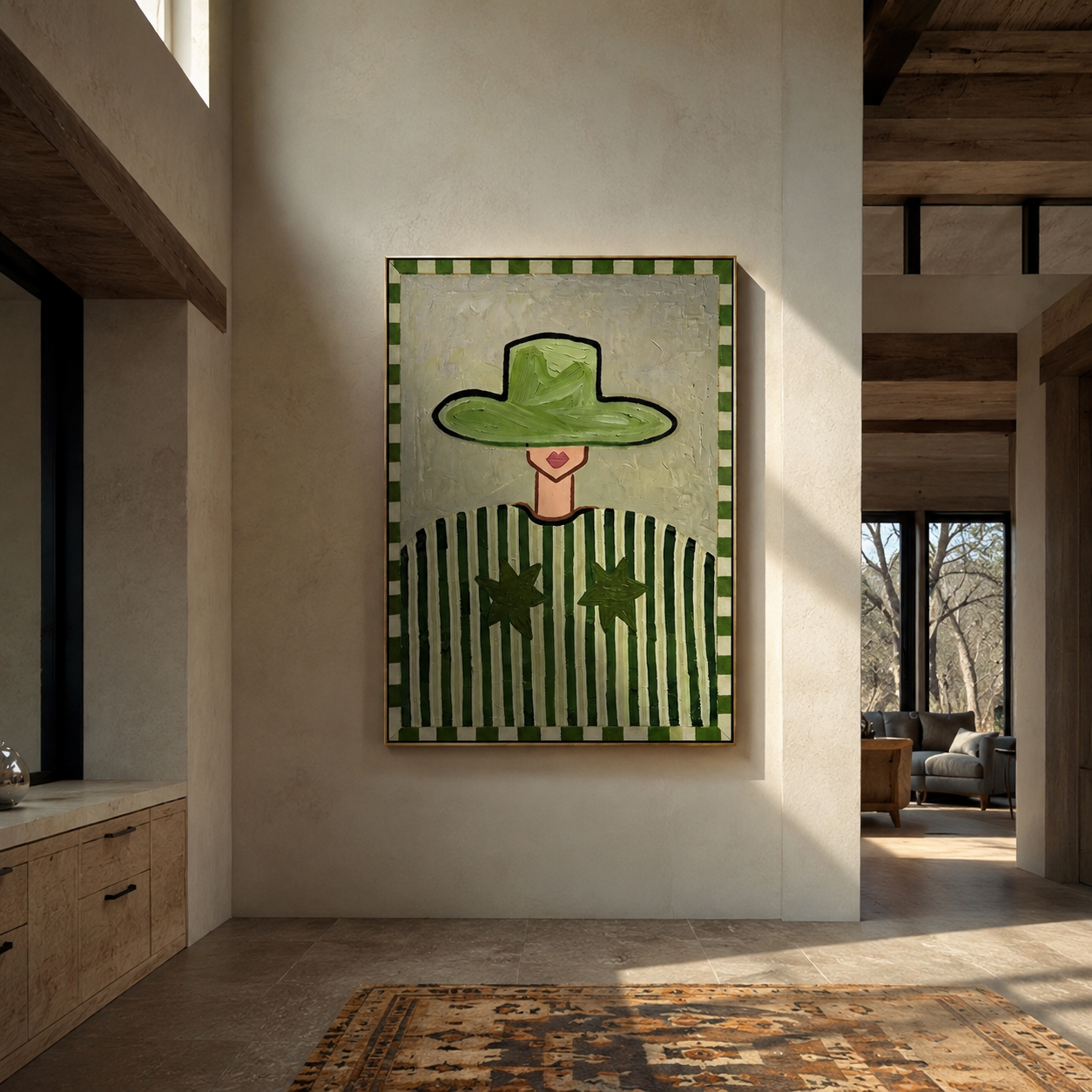 Green Brim Guards Smile - green hat striped figure by Marcus Lau, Retro Modern vertical wall art – styled room scene view 5