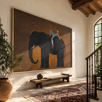 Elephant Carries Evening Rider - rider on black elephant by Marcus Lau, Retro Modern horizontal wall art – styled room scene view 1