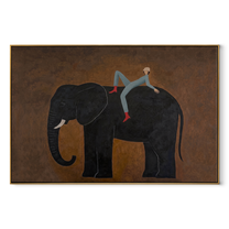 Elephant Carries Evening Rider - rider on black elephant by Marcus Lau, Retro Modern horizontal wall art – wood frame on white background