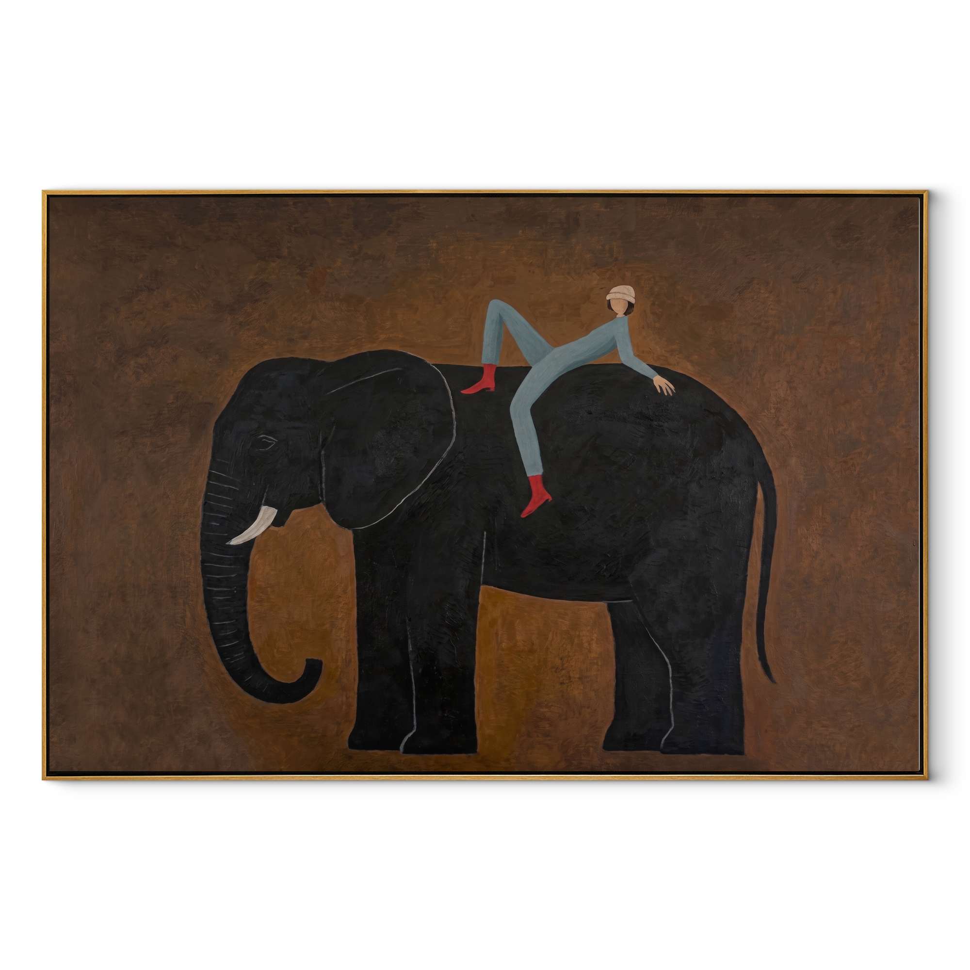 Elephant Carries Evening Rider - rider on black elephant by Marcus Lau, Retro Modern horizontal wall art – wood frame on white background
