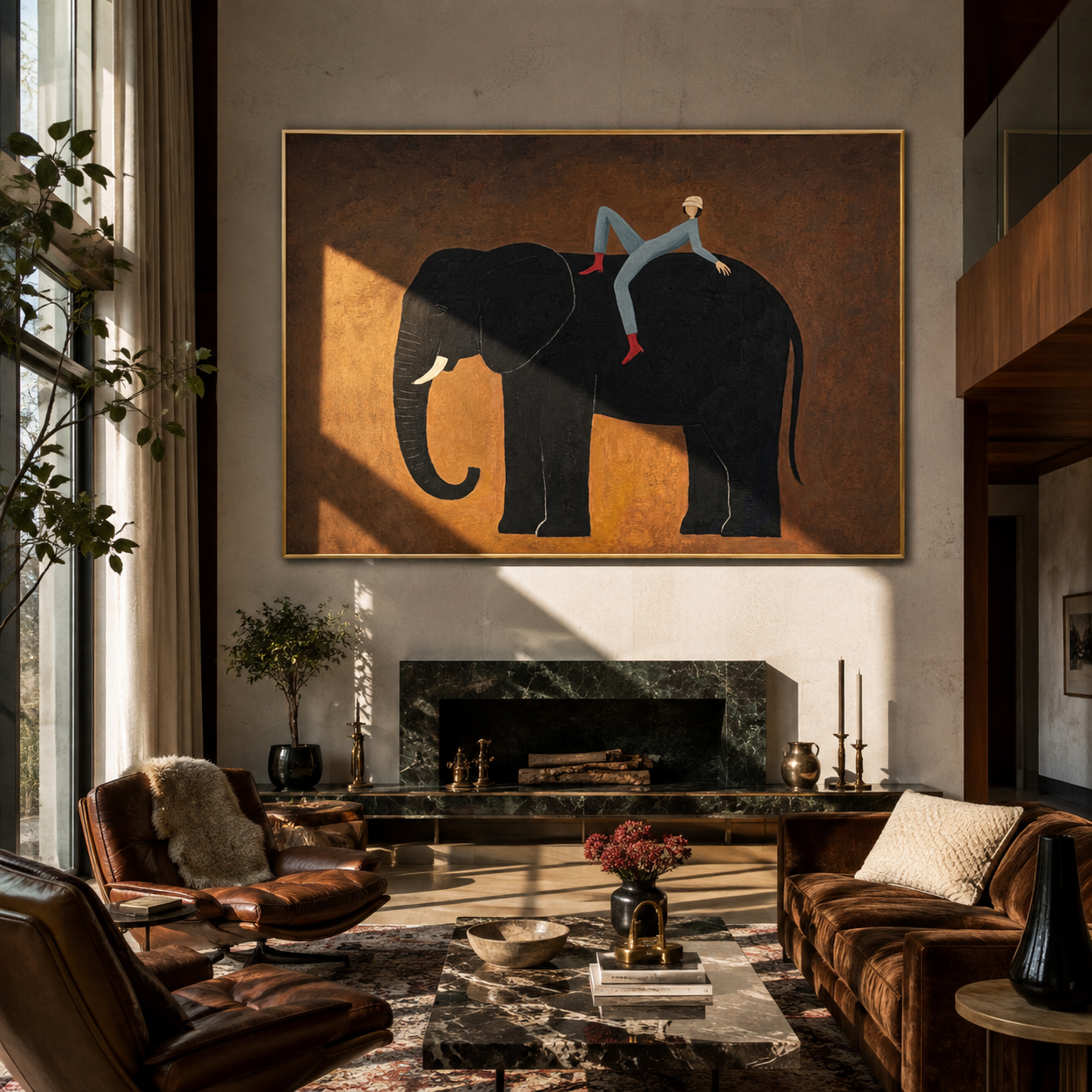 Elephant Carries Evening Rider - rider on black elephant by Marcus Lau, Retro Modern horizontal wall art – styled room scene view 2