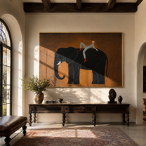 Elephant Carries Evening Rider - rider on black elephant by Marcus Lau, Retro Modern horizontal wall art – styled room scene view 3