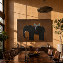 Elephant Carries Evening Rider - rider on black elephant by Marcus Lau, Retro Modern horizontal wall art – styled room scene view 4