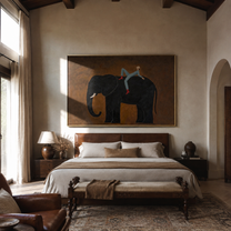 Elephant Carries Evening Rider - rider on black elephant by Marcus Lau, Retro Modern horizontal wall art – styled room scene view 5