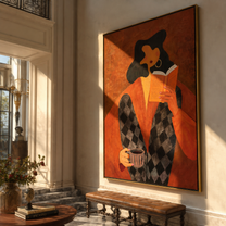 Orange Pages Warm Coffee - reader with coffee by Marcus Lau, Retro Modern vertical wall art – styled room scene view 1