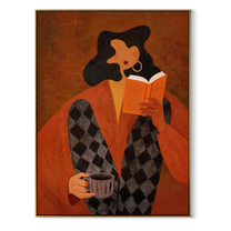 Orange Pages Warm Coffee - reader with coffee by Marcus Lau, Retro Modern vertical wall art – wood frame on white background