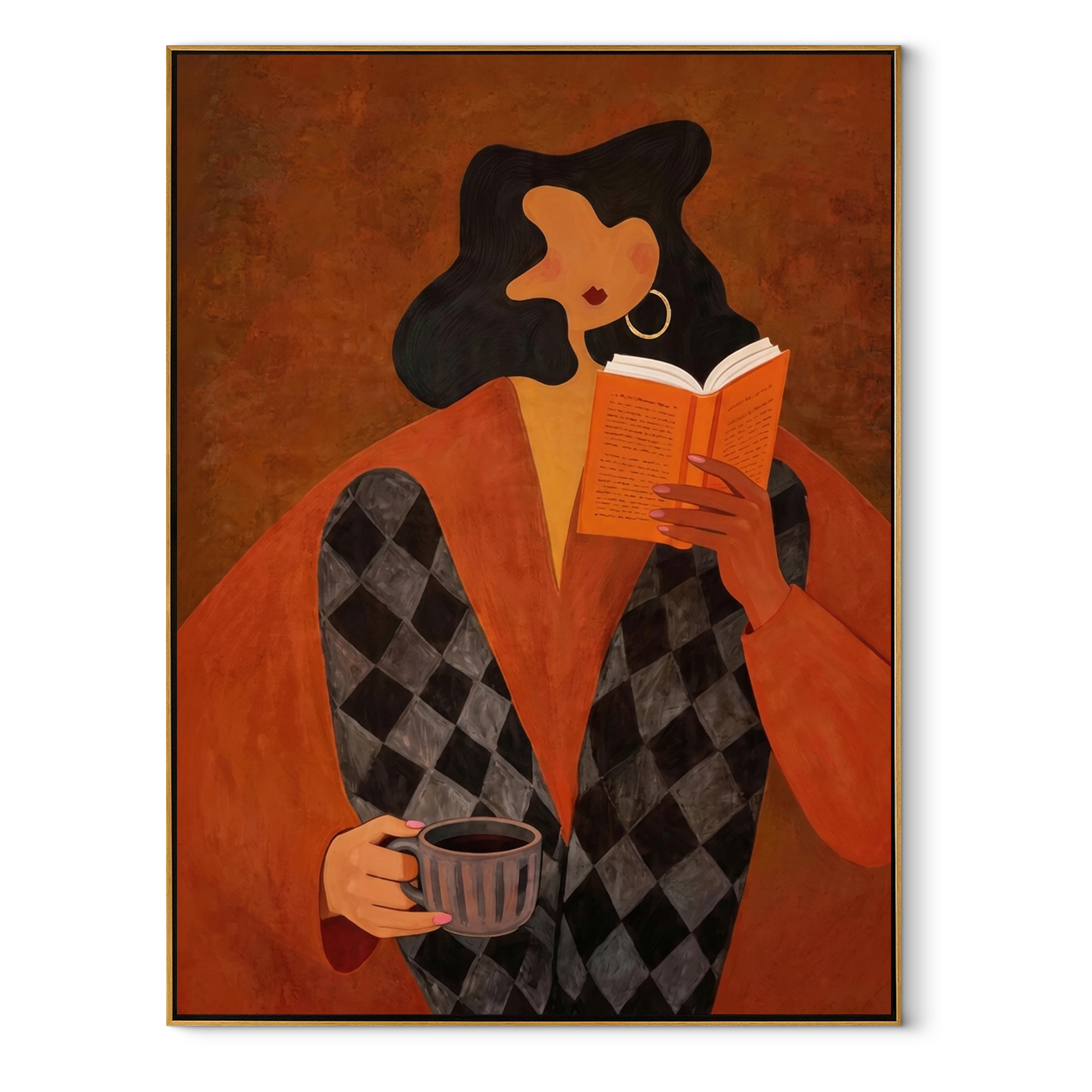 Orange Pages Warm Coffee - reader with coffee by Marcus Lau, Retro Modern vertical wall art – wood frame on white background
