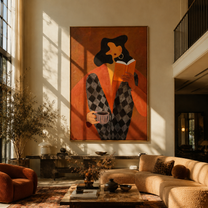 Orange Pages Warm Coffee - reader with coffee by Marcus Lau, Retro Modern vertical wall art – styled room scene view 2