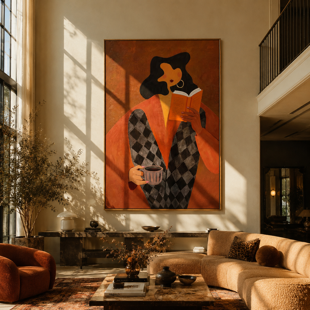Orange Pages Warm Coffee - reader with coffee by Marcus Lau, Retro Modern vertical wall art – styled room scene view 2