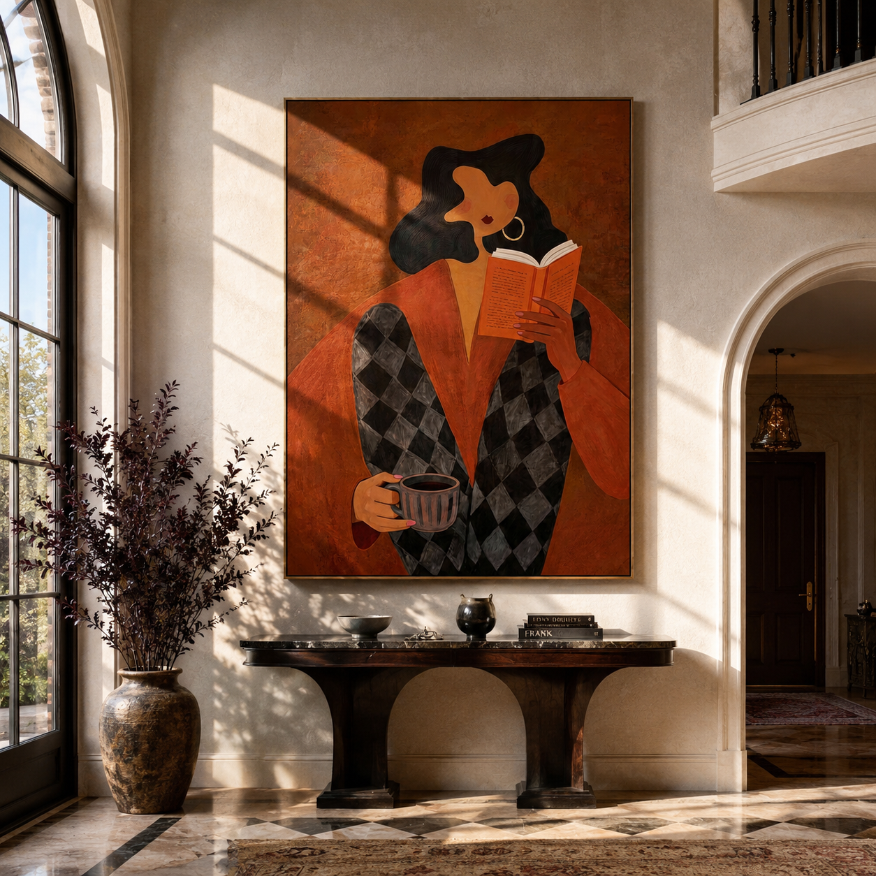 Orange Pages Warm Coffee - reader with coffee by Marcus Lau, Retro Modern vertical wall art – styled room scene view 3