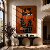 Orange Pages Warm Coffee - reader with coffee by Marcus Lau, Retro Modern vertical wall art – styled room scene view 3