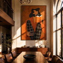 Orange Pages Warm Coffee - reader with coffee by Marcus Lau, Retro Modern vertical wall art – styled room scene view 4