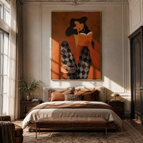 Orange Pages Warm Coffee - reader with coffee by Marcus Lau, Retro Modern vertical wall art – styled room scene view 5