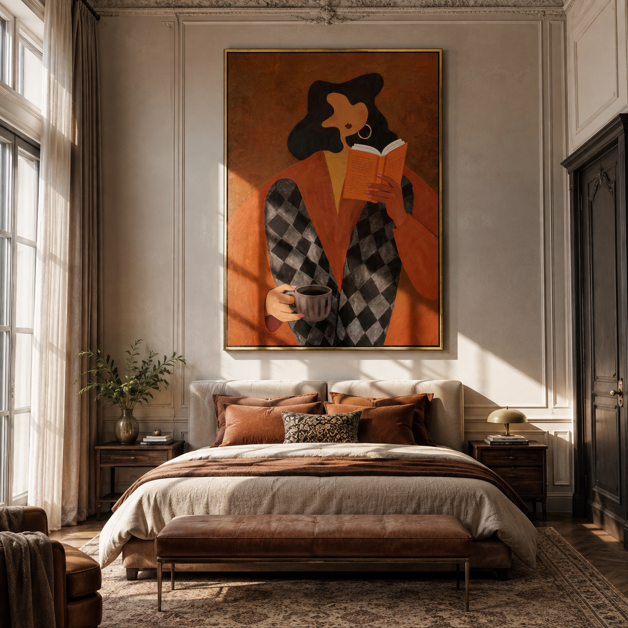 Orange Pages Warm Coffee - reader with coffee by Marcus Lau, Retro Modern vertical wall art – styled room scene view 5
