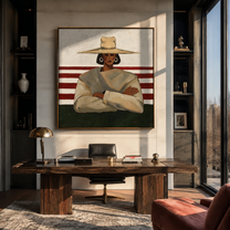 Red Stripes Meet Resolve - crossed arms hat figure by Marcus Lau, Retro Modern square wall art – styled room scene view 1