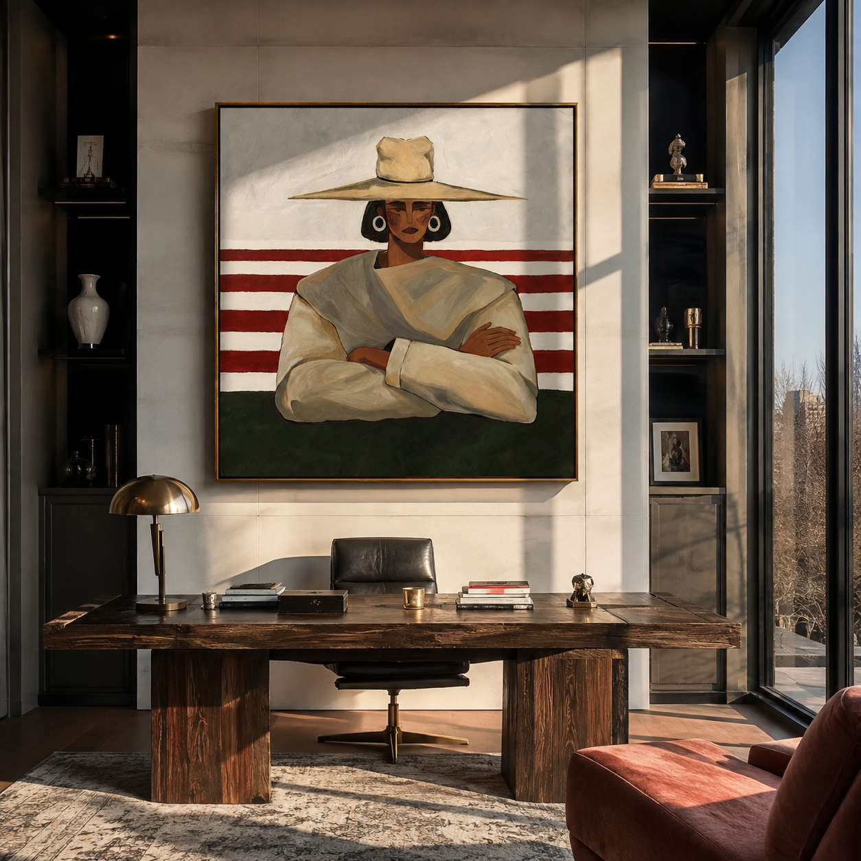 Red Stripes Meet Resolve - crossed arms hat figure by Marcus Lau, Retro Modern square wall art – styled room scene view 1