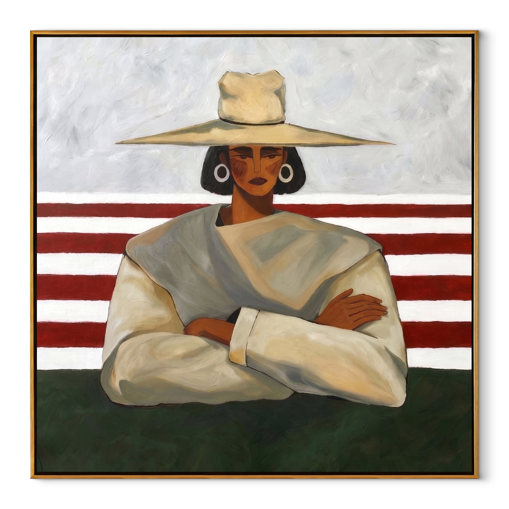 Red Stripes Meet Resolve - crossed arms hat figure by Marcus Lau, Retro Modern square wall art – wood frame on white background