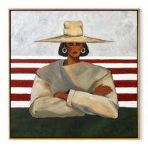 Red Stripes Meet Resolve - crossed arms hat figure by Marcus Lau, Retro Modern square wall art – wood frame on white background