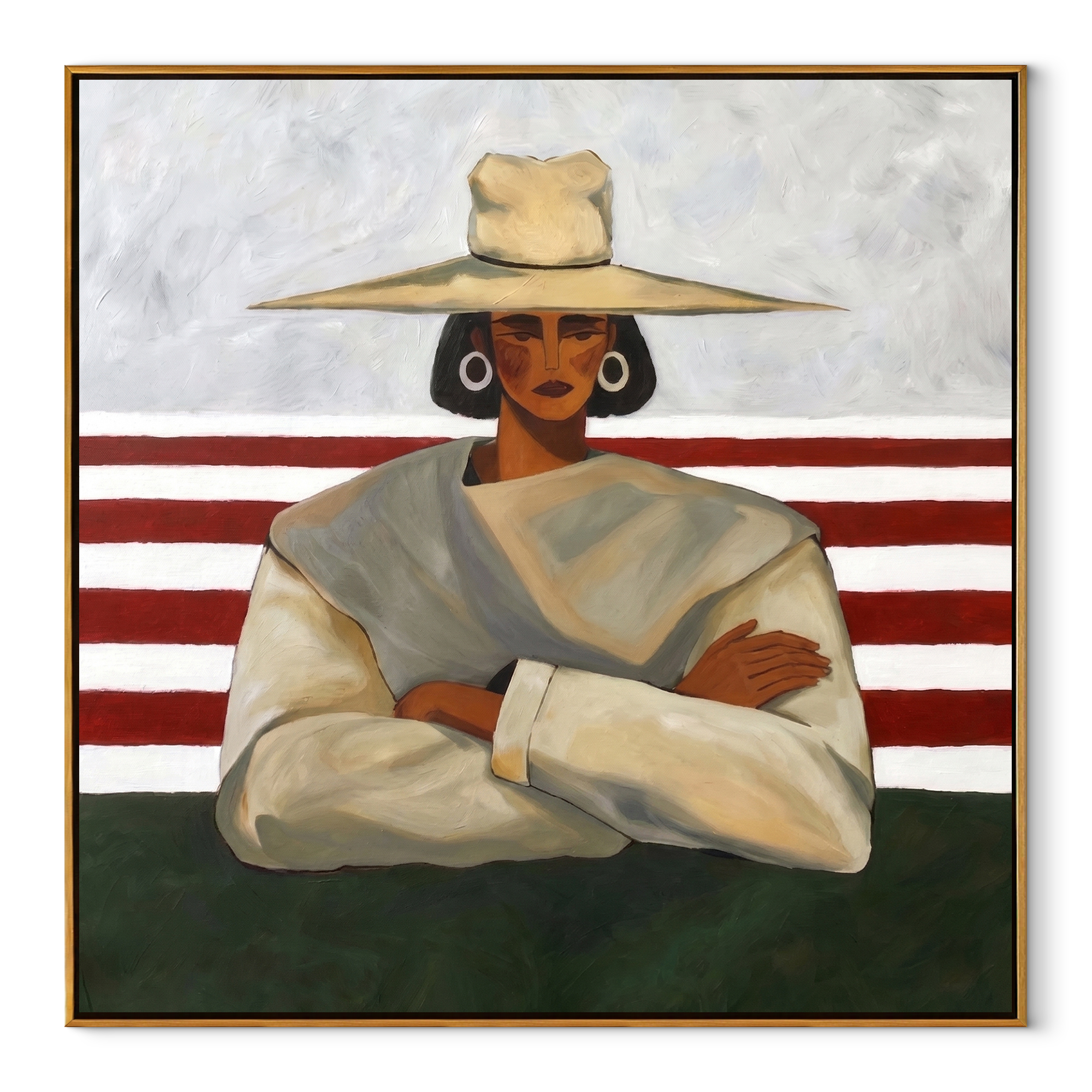 Red Stripes Meet Resolve - crossed arms hat figure by Marcus Lau, Retro Modern square wall art – wood frame on white background