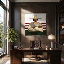 Red Stripes Meet Resolve - crossed arms hat figure by Marcus Lau, Retro Modern square wall art – styled room scene view 2