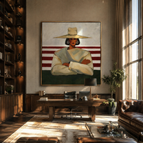 Red Stripes Meet Resolve - crossed arms hat figure by Marcus Lau, Retro Modern square wall art – styled room scene view 3