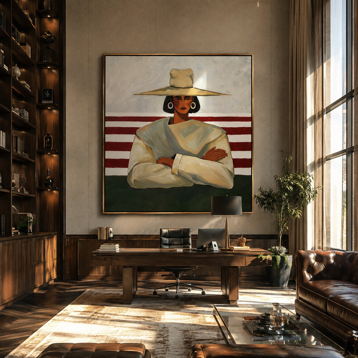Red Stripes Meet Resolve - crossed arms hat figure by Marcus Lau, Retro Modern square wall art – styled room scene view 3